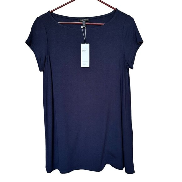 NWT Eileen Fisher‎ Jersey Tunic Short Sleeve Viscose Spandex Blue Top Size M - Picture 1 of 11